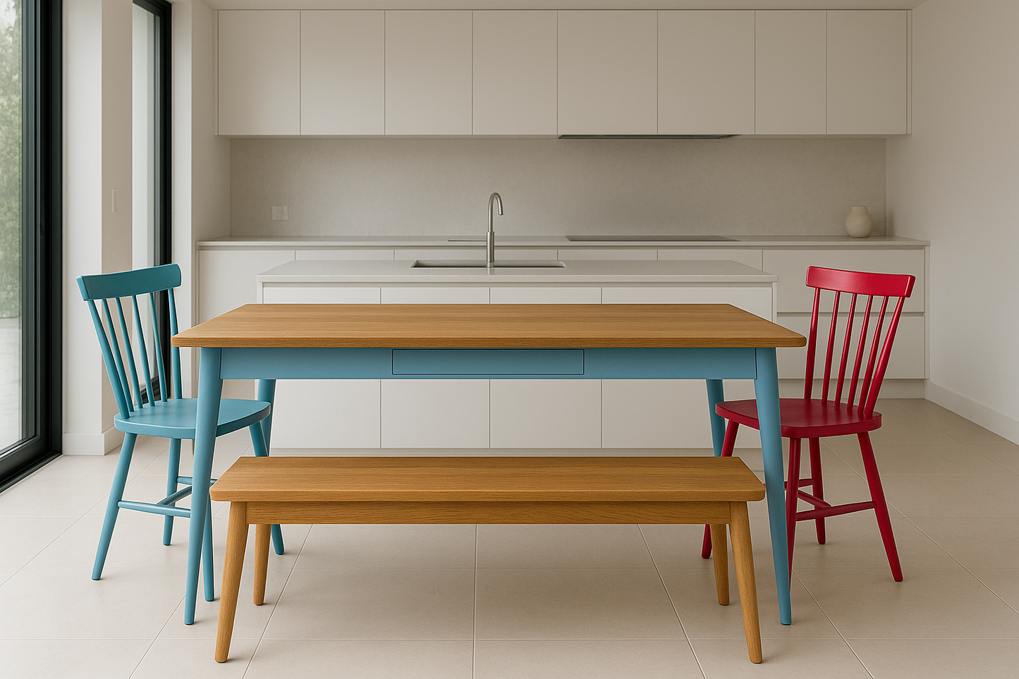Extending Mid-Century Dining Table with Nordic Chairs and Benches Painted Finish