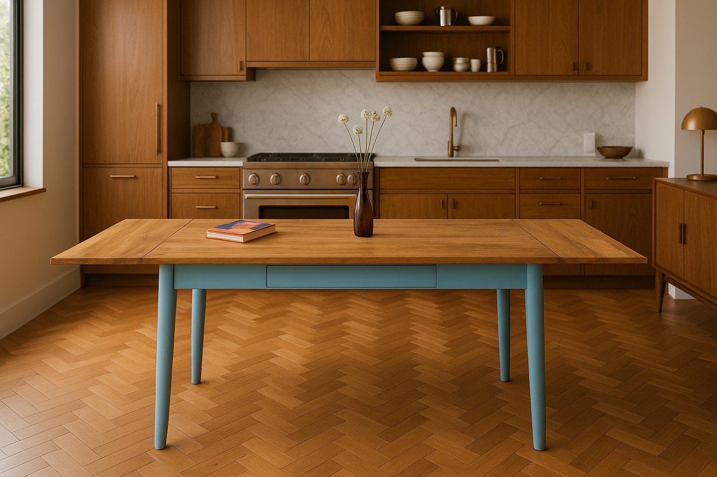 Painted Finish Extending Mid-Century Modern Living Hardwood Dining Table