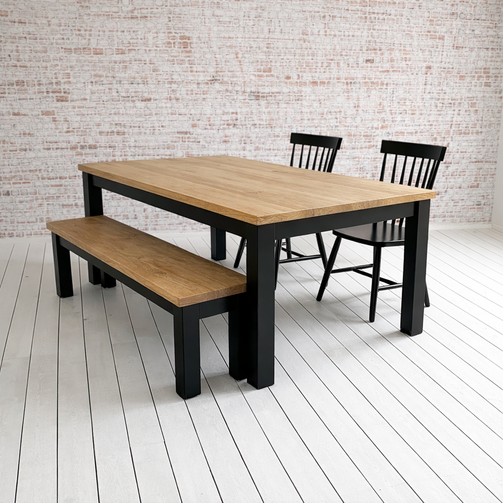Chunky Rustic Oak Dining Table with Bench and Nordic Chairs Set