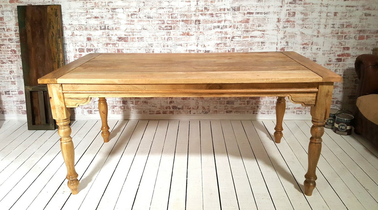Large Rustic Extending Kitchen Dining Table Set with Turned Legs & Painted Chairs