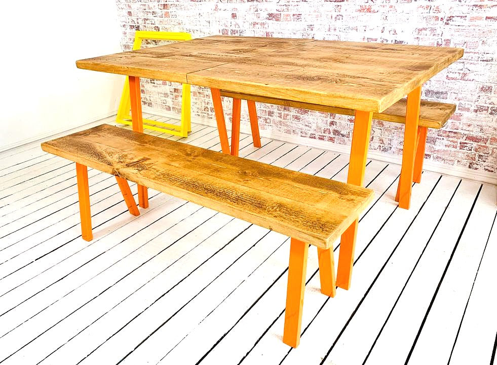 Extending Open Frame Industrial Dining Table / Bench Sets - Any RAL Colour or Steel Finish