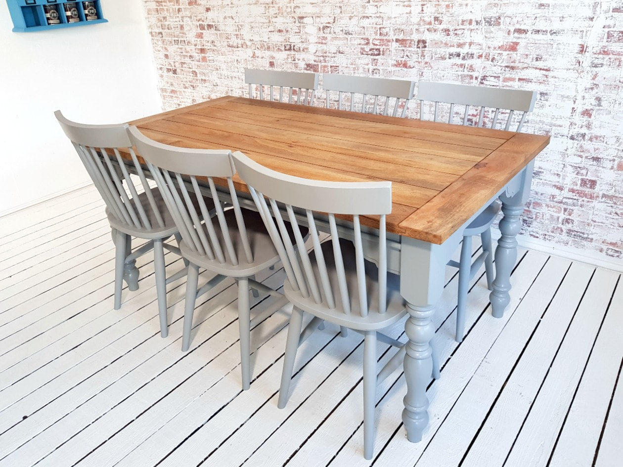 Modern Rustic Farmhouse Dining Set - Large Extending Dining Table with Spindle Back Chairs Painted Farrow & Ball