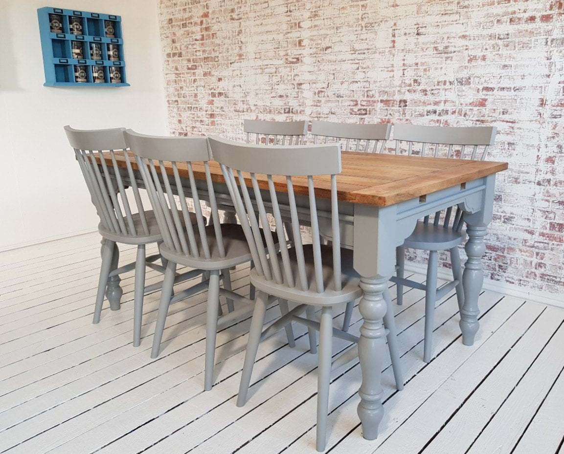 Modern Rustic Farmhouse Dining Set - Large Extending Dining Table with Spindle Back Chairs Painted Farrow & Ball