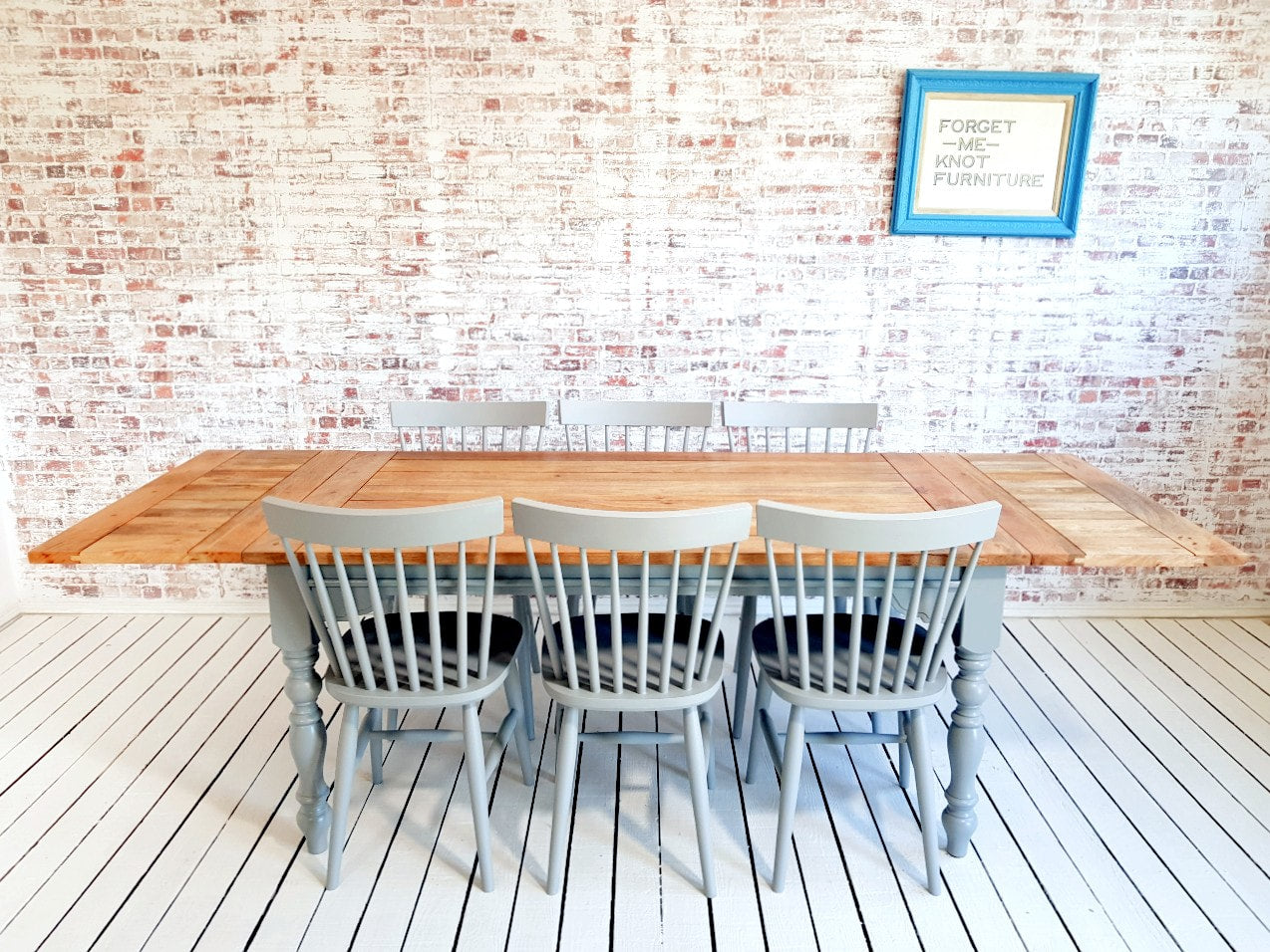 Modern Rustic Farmhouse Dining Set - Large Extending Dining Table with Spindle Back Chairs Painted Farrow & Ball