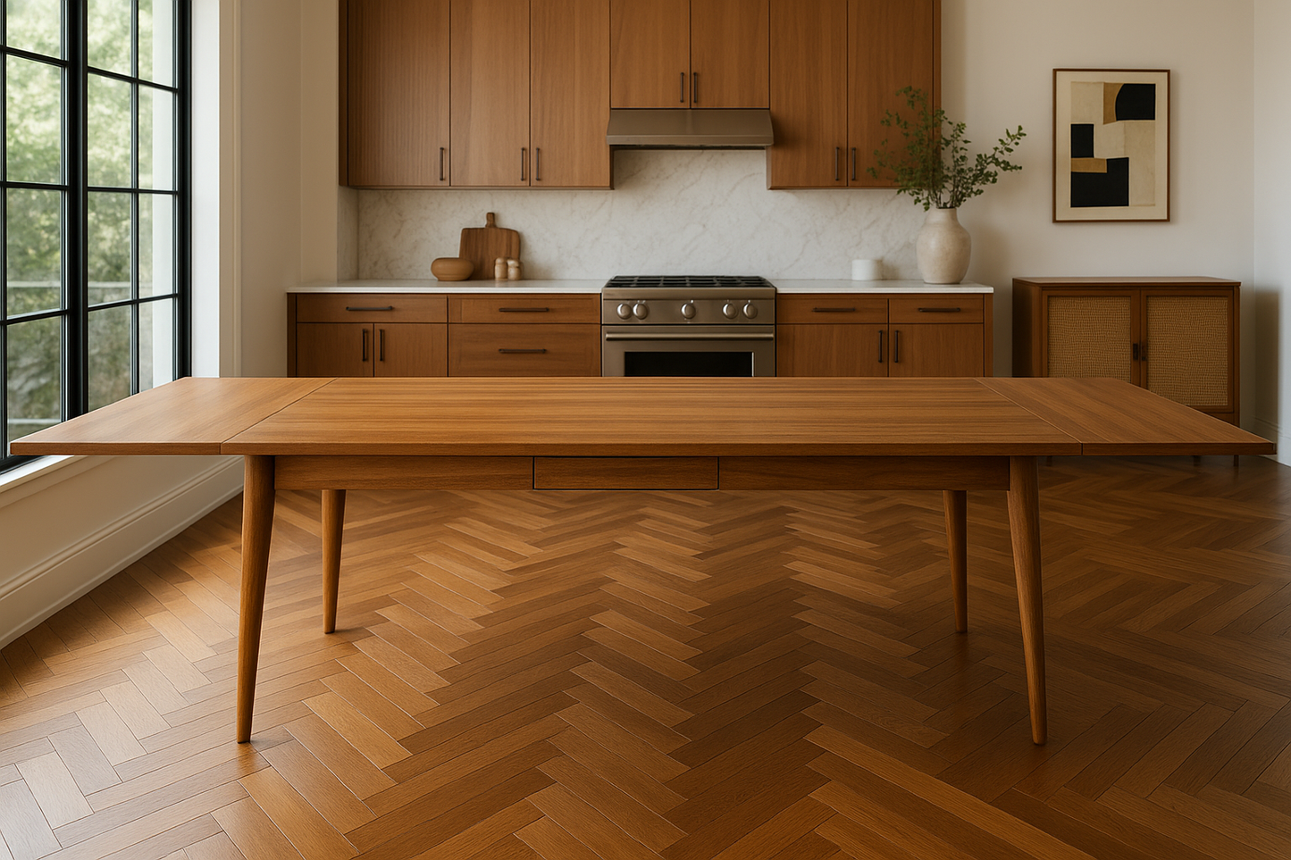 Extending Mid-Century Modern Living Hardwood Dining Table with Drawer - Space Saving