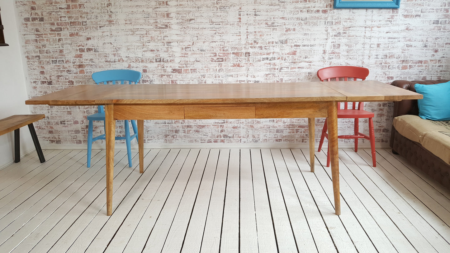 Extending Mid-Century Modern Living Hardwood Dining Table with Drawer - Space Saving