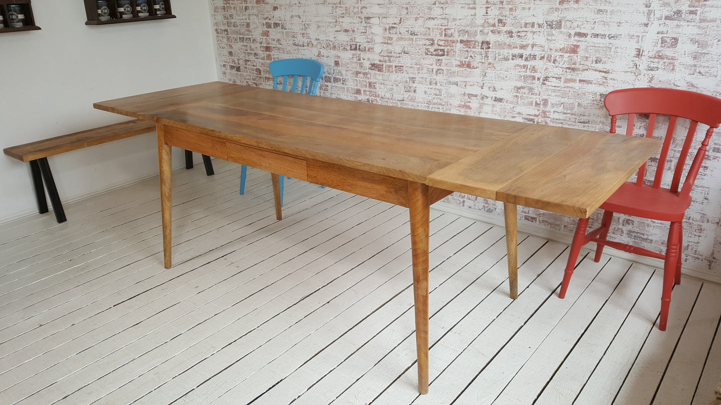 Extending Mid-Century Modern Living Hardwood Dining Table with Drawer - Space Saving