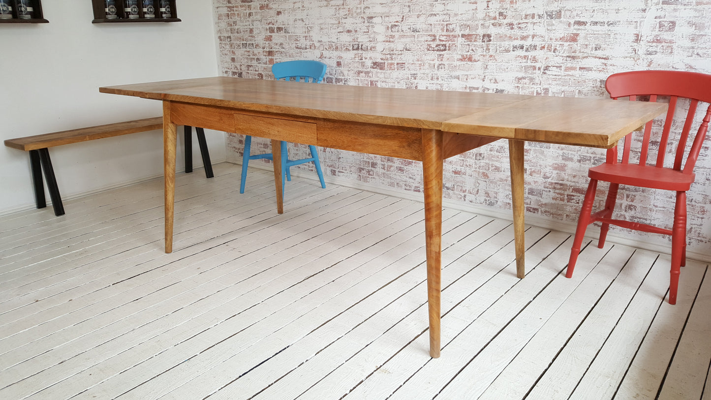 Extending Mid-Century Modern Living Hardwood Dining Table with Drawer - Space Saving