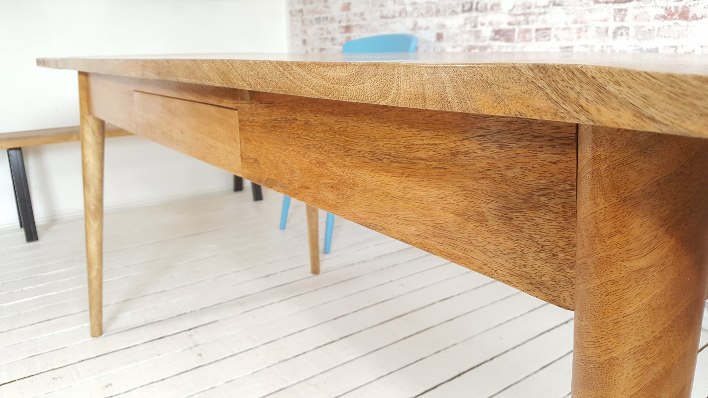 Extending Mid-Century Modern Living Hardwood Dining Table with Drawer - Space Saving