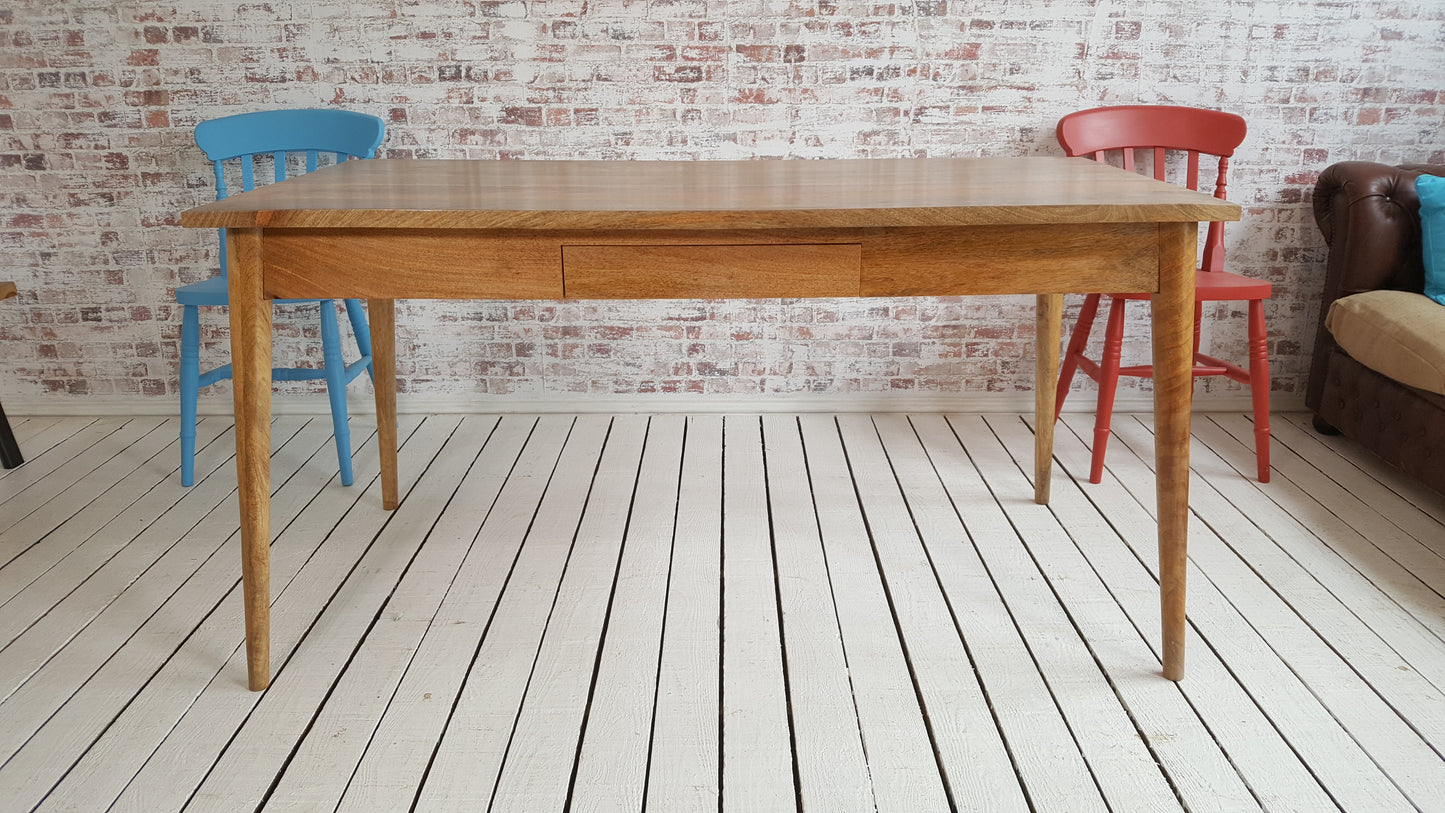 Extending Mid-Century Modern Living Hardwood Dining Table with Drawer - Space Saving