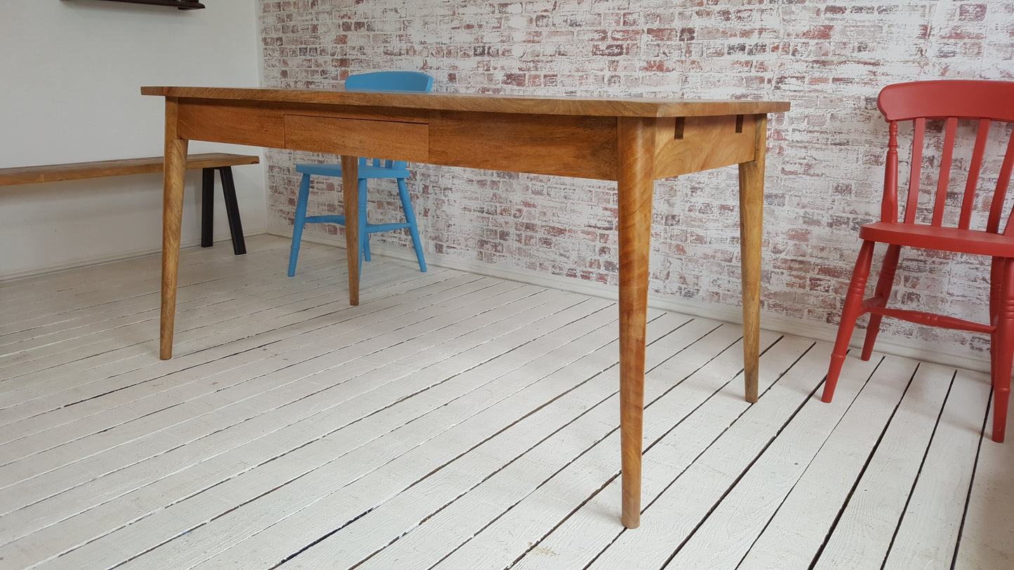 Extending Mid-Century Modern Living Hardwood Dining Table with Drawer - Space Saving