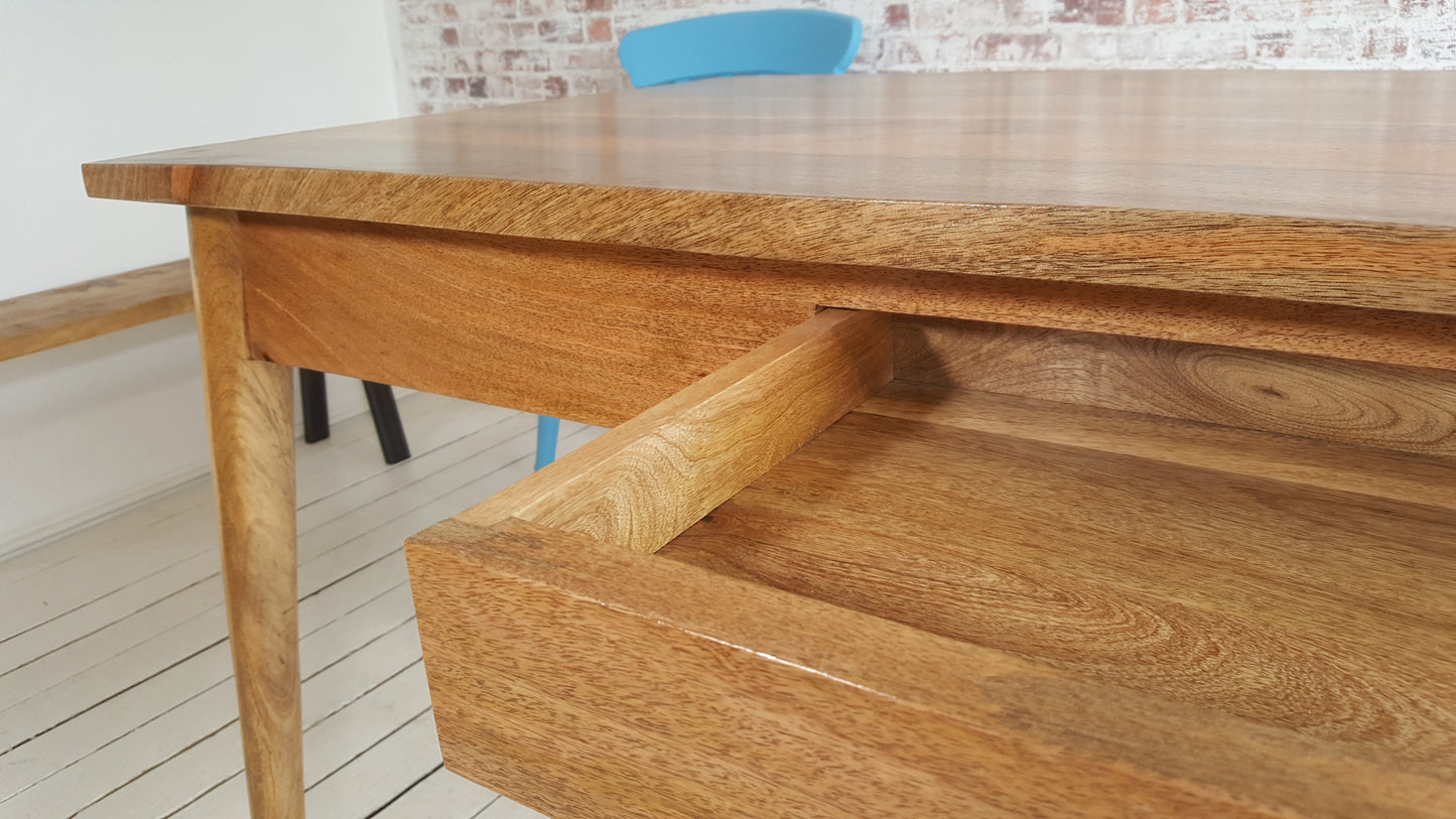 Extending Mid-Century Modern Living Hardwood Dining Table with Drawer - Space Saving