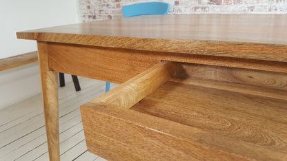 Extending Mid-Century Modern Living Hardwood Dining Table with Drawer - Space Saving