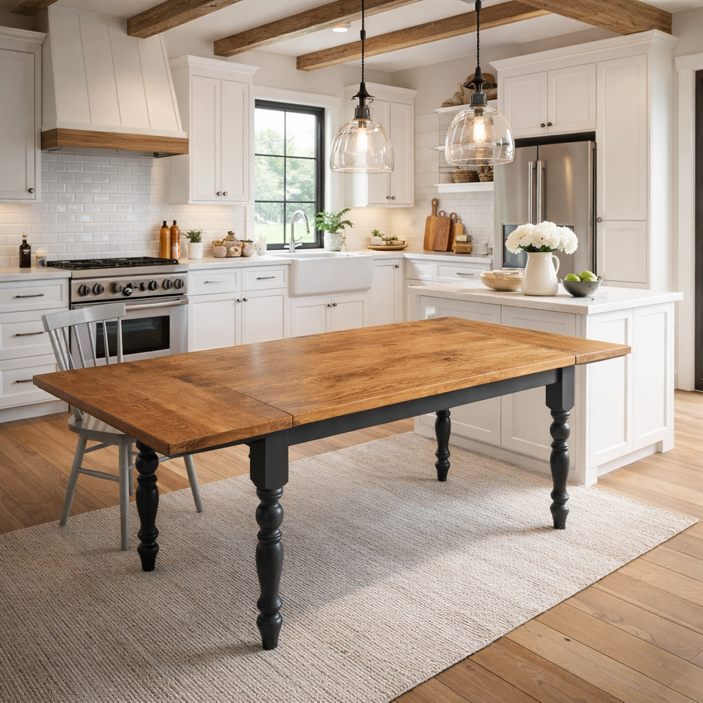 Real FMK extending reclaimed-style pine farmhouse dining table