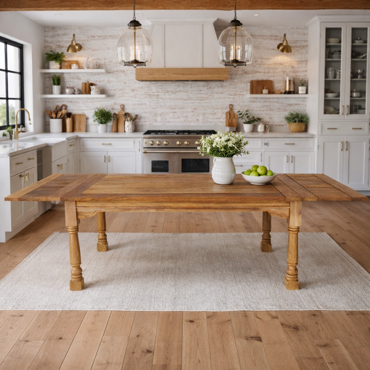 Natural Finish Large Extendable Dining Table Rustic Farmhouse Style