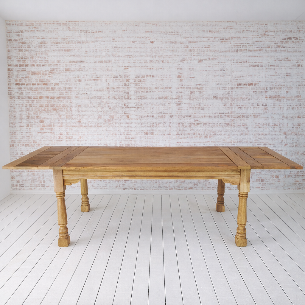 Natural Finish Large Extendable Dining Table Rustic Farmhouse Style