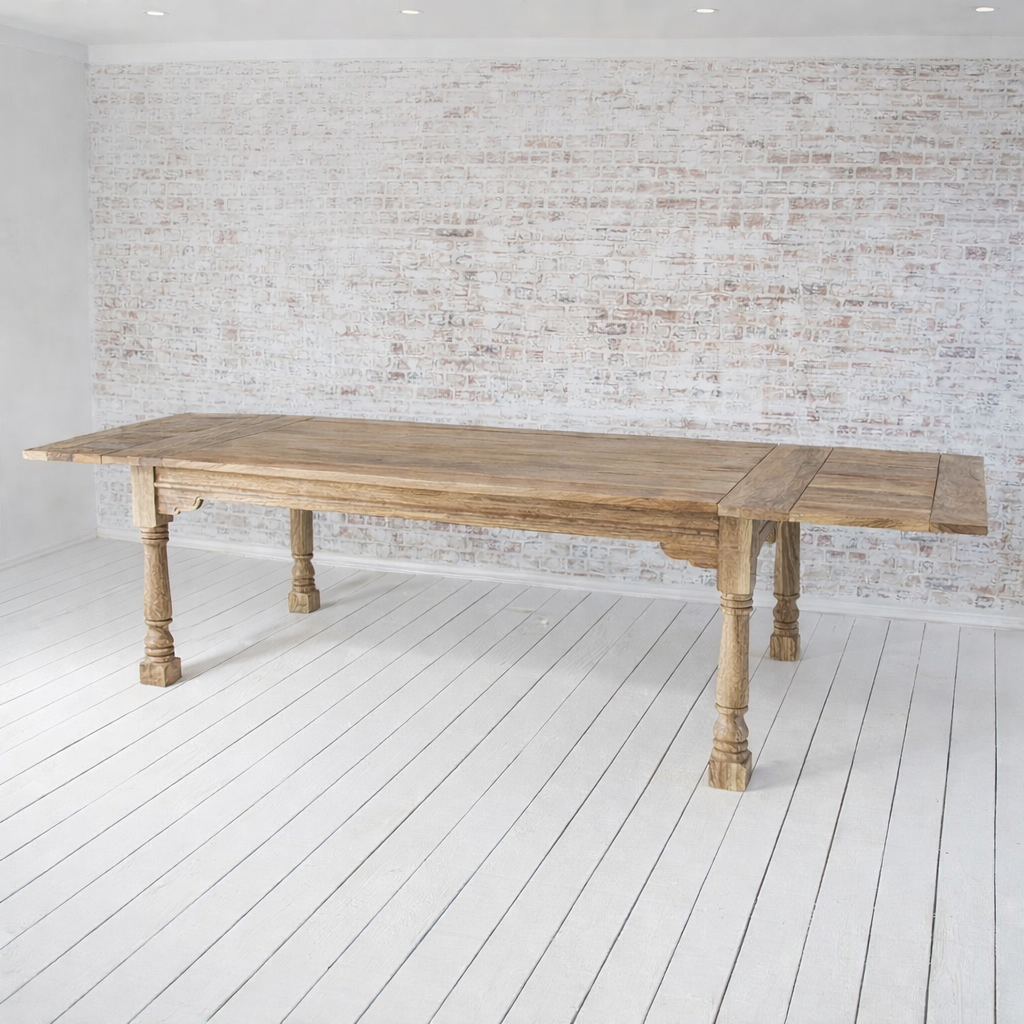 Natural Finish Large Extendable Dining Table Rustic Farmhouse Style