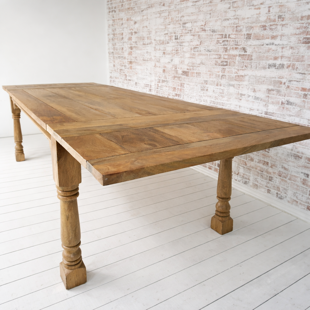 Natural Finish Large Extendable Dining Table Rustic Farmhouse Style