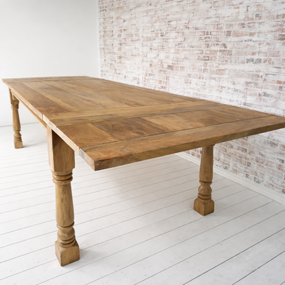 Natural Finish Large Extendable Dining Table Rustic Farmhouse Style