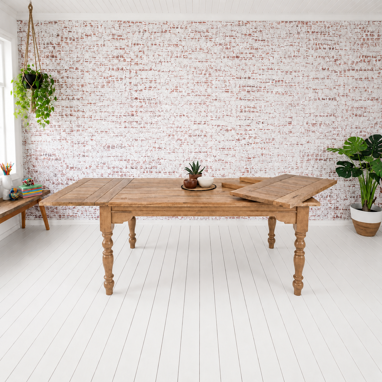 Extendable Farmhouse Dining Table in a Natural Wood Finish