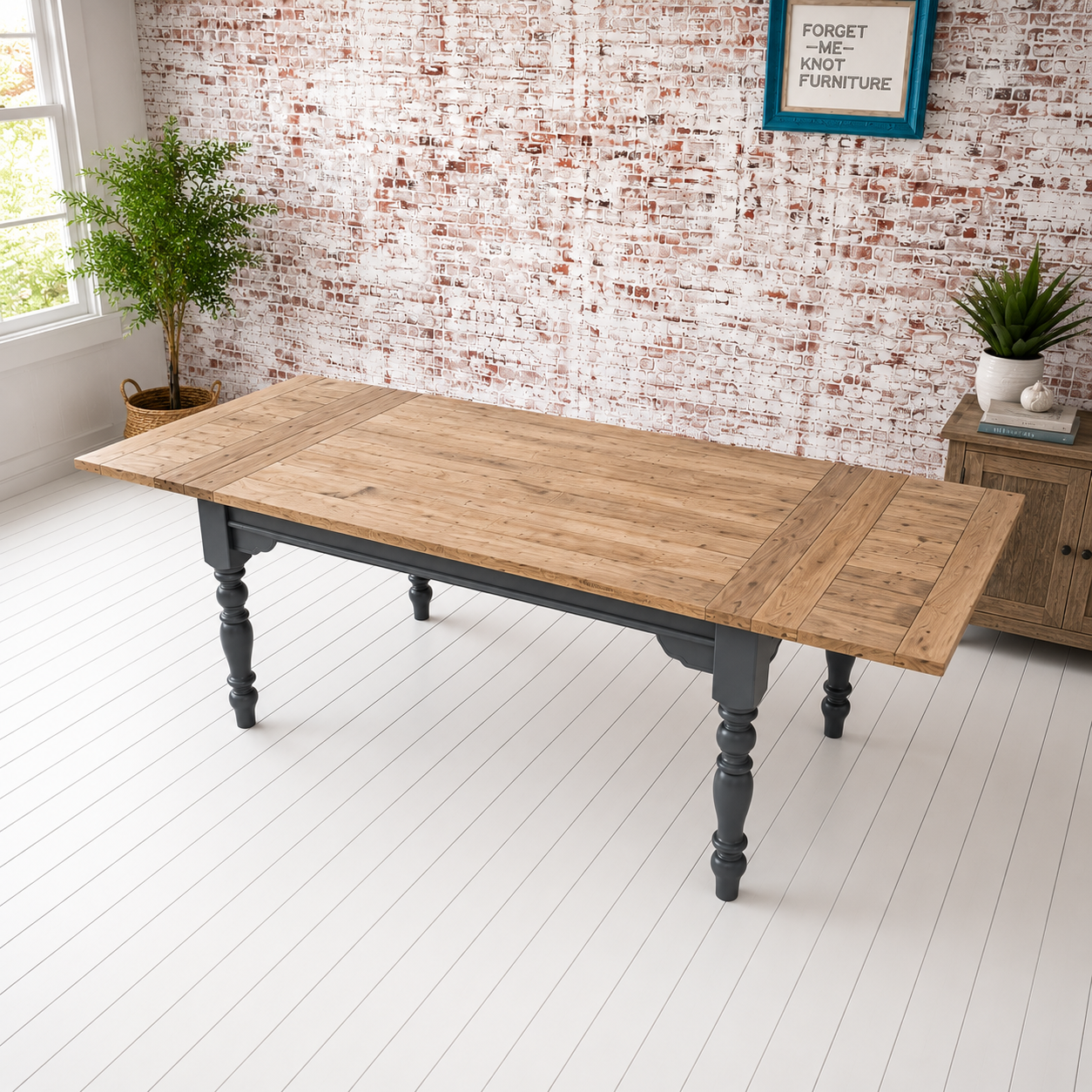 Extendable Farmhouse Dining Table with Natural Wood Top & Painted Finish Any Colour
