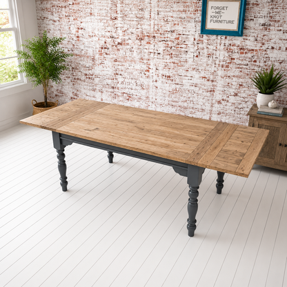 Extendable Farmhouse Dining Table with Natural Wood Top & Painted Finish Any Colour
