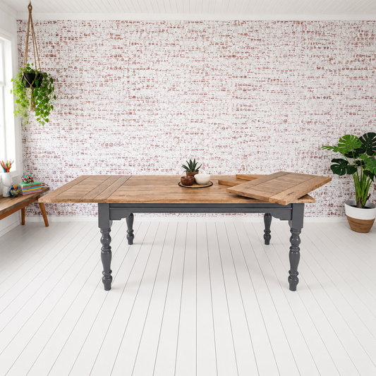 Extendable Farmhouse Dining Table with Natural Wood Top & Painted Finish Any Colour