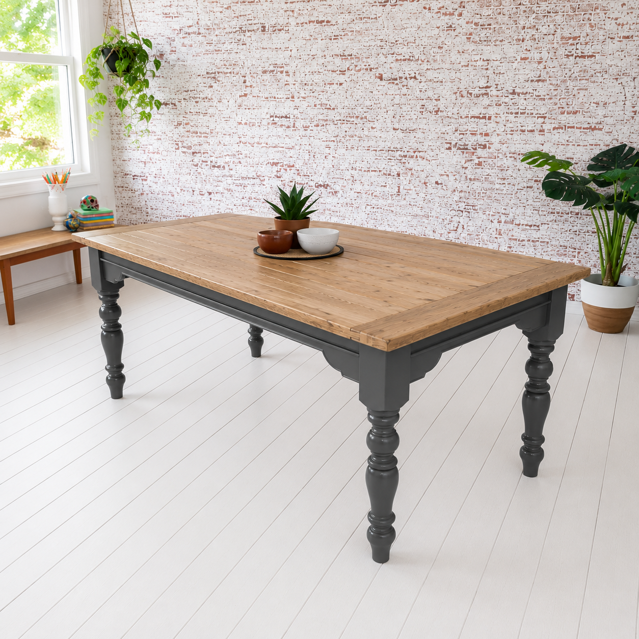 Extendable Farmhouse Dining Table with Natural Wood Top & Painted Finish Any Colour