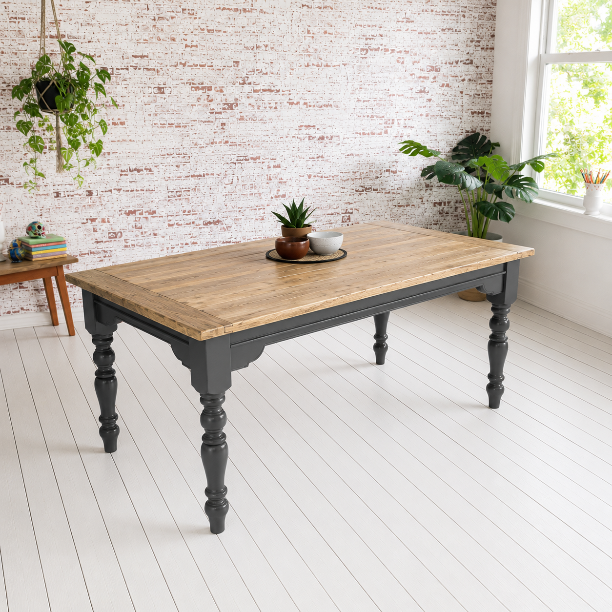 Extendable Farmhouse Dining Table with Natural Wood Top & Painted Finish Any Colour