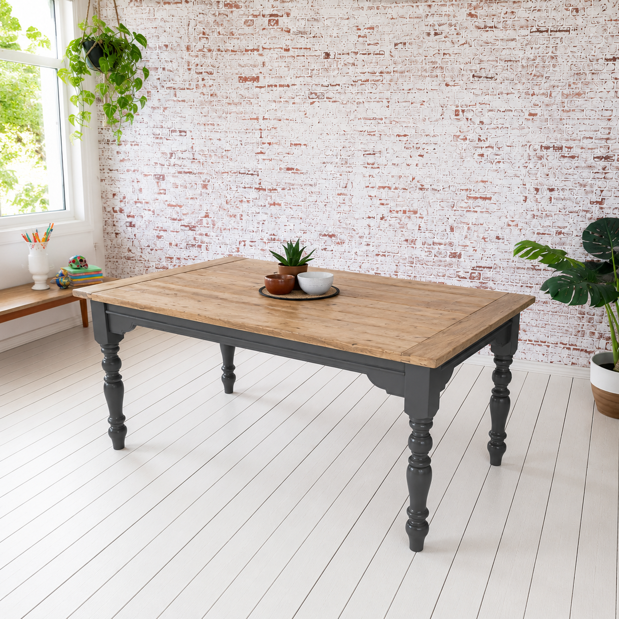 Extendable Farmhouse Dining Table with Natural Wood Top & Painted Finish Any Colour
