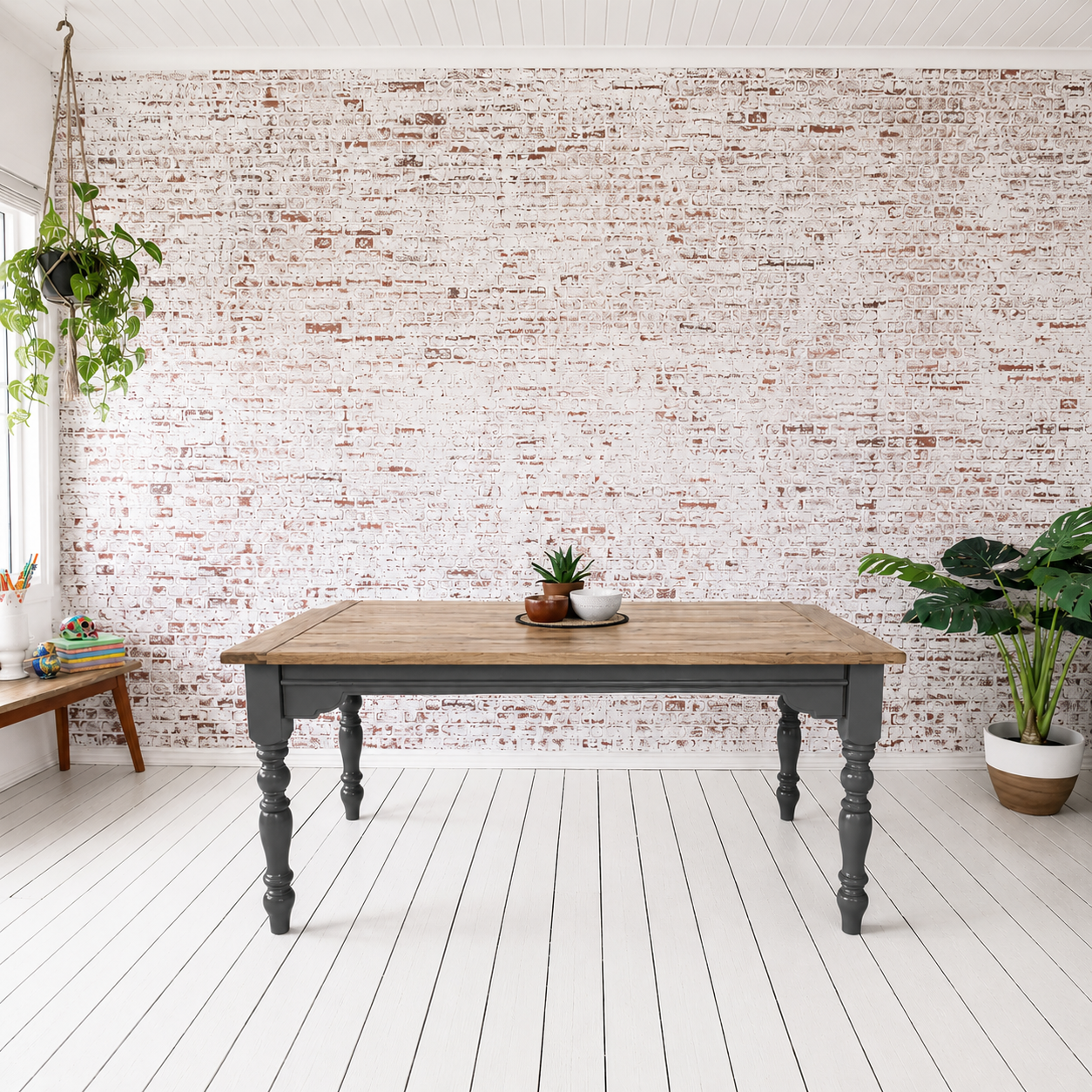 Extendable Farmhouse Dining Table with Natural Wood Top & Painted Finish Any Colour