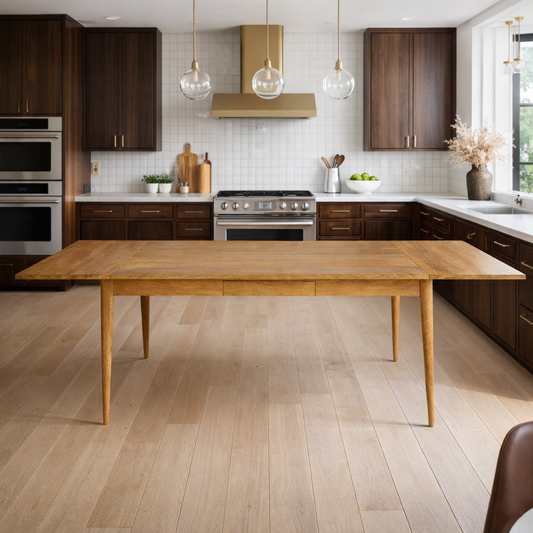 Extending Mid-Century Modern Living Hardwood Dining Table with Drawer - Space Saving
