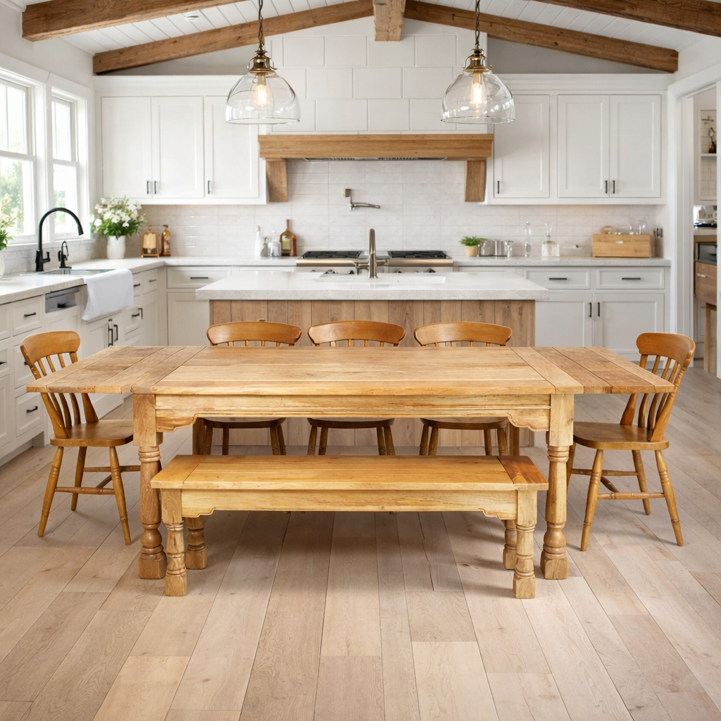 All Wood Extendable Rustic Farmhouse Dining Table Natural Hardwood Finish with Matching Benches & Chairs