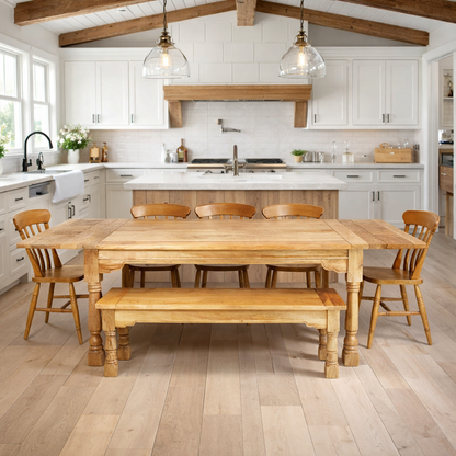 All Wood Extendable Rustic Farmhouse Dining Table Natural Hardwood Finish with Matching Benches & Chairs