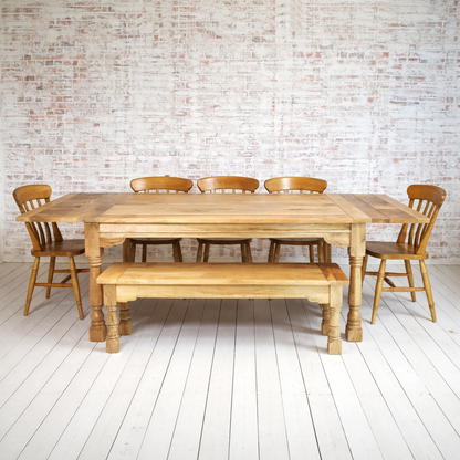 All Wood Extendable Rustic Farmhouse Dining Table Natural Hardwood Finish with Matching Benches & Chairs