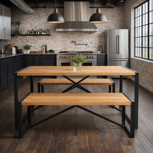 Limited Edition Rustic Oak Industrial Dining Set Table & Benches Anthracite Grey