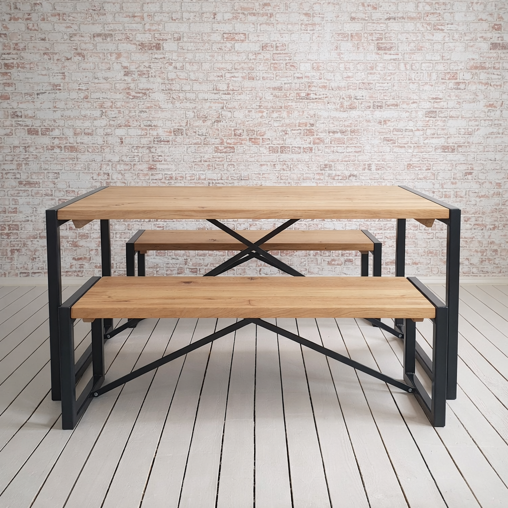 Limited Edition Rustic Oak Industrial Dining Set Table & Benches Anthracite Grey
