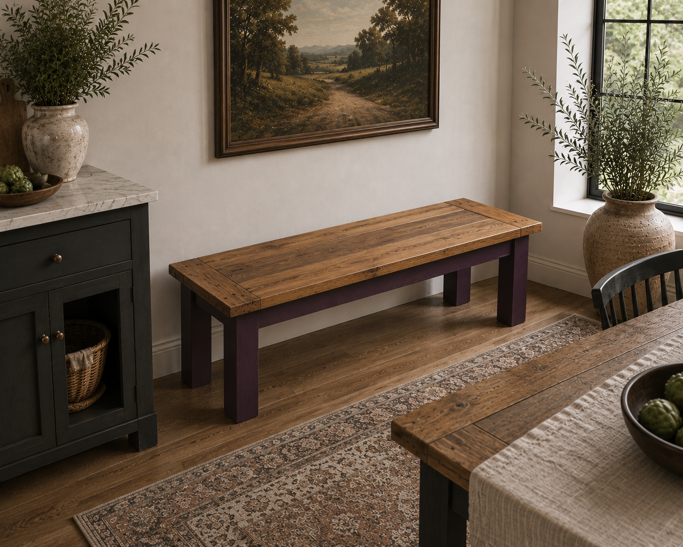 Extendable Traditional Farmhouse Dining Table and Bench Set with Square Legs