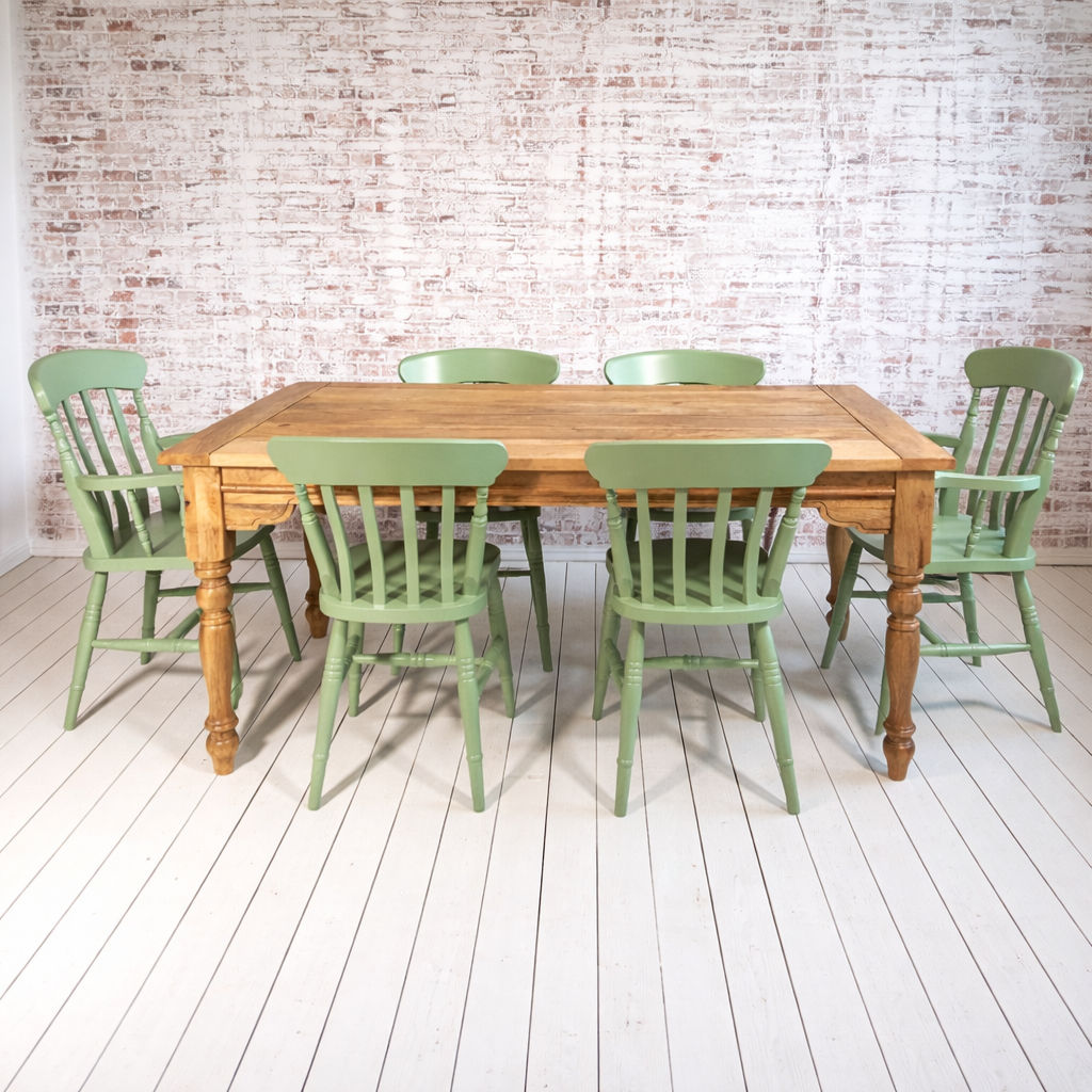 Large Rustic Extending Kitchen Dining Table Set with Turned Legs & Painted Chairs