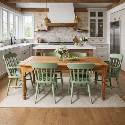 Large Rustic Extending Kitchen Dining Table Set with Turned Legs & Painted Chairs