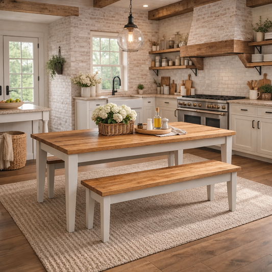 Farmhouse dining table with reclaimed pine top and white tapered legs