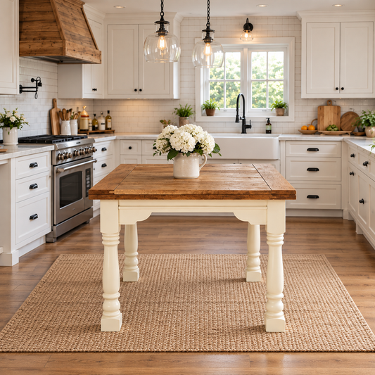 Painted folding extending rustic farmhouse table with compact square wood top in aligned bright kitchen
