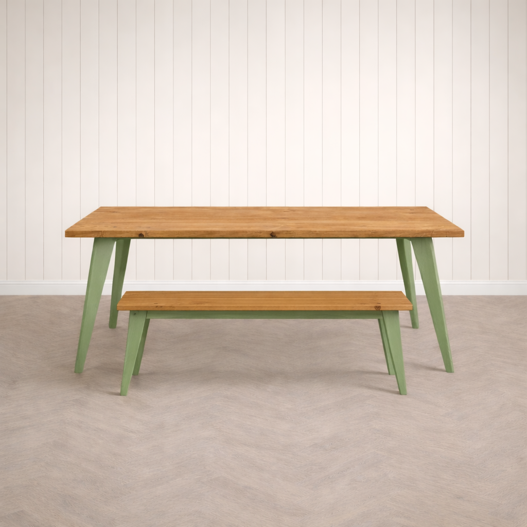 Nordic Tapered Leg Rustic Dining Table and Bench Set Painted Finish