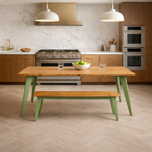 Nordic Tapered Leg Rustic Dining Table and Bench Set Painted Finish