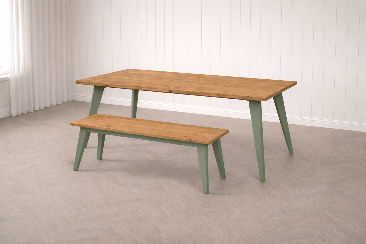 Nordic Tapered Leg Rustic Dining Table and Bench Set Painted Finish