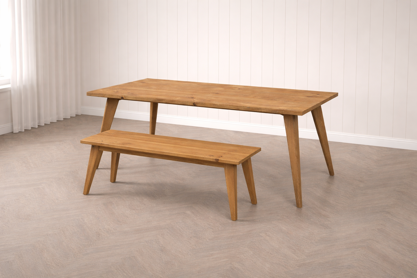Nordic Tapered Leg Rustic Dining Table and Bench Set