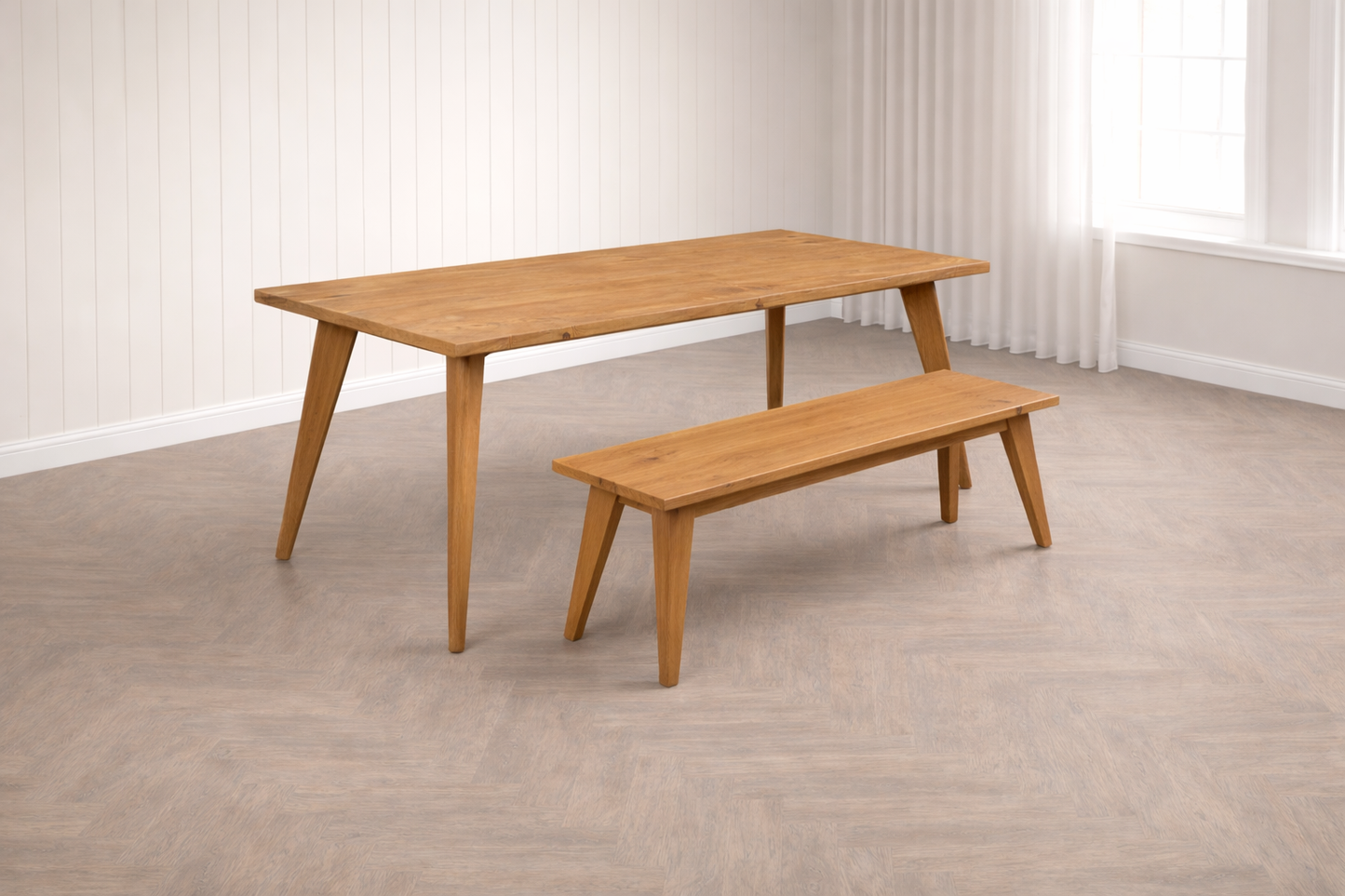 Nordic Tapered Leg Rustic Dining Table and Bench Set