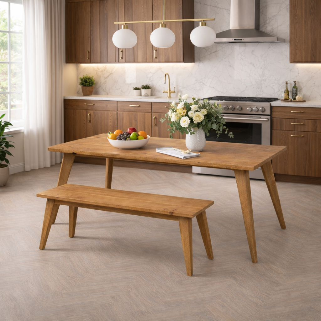 Nordic Tapered Leg Rustic Dining Table and Bench Set