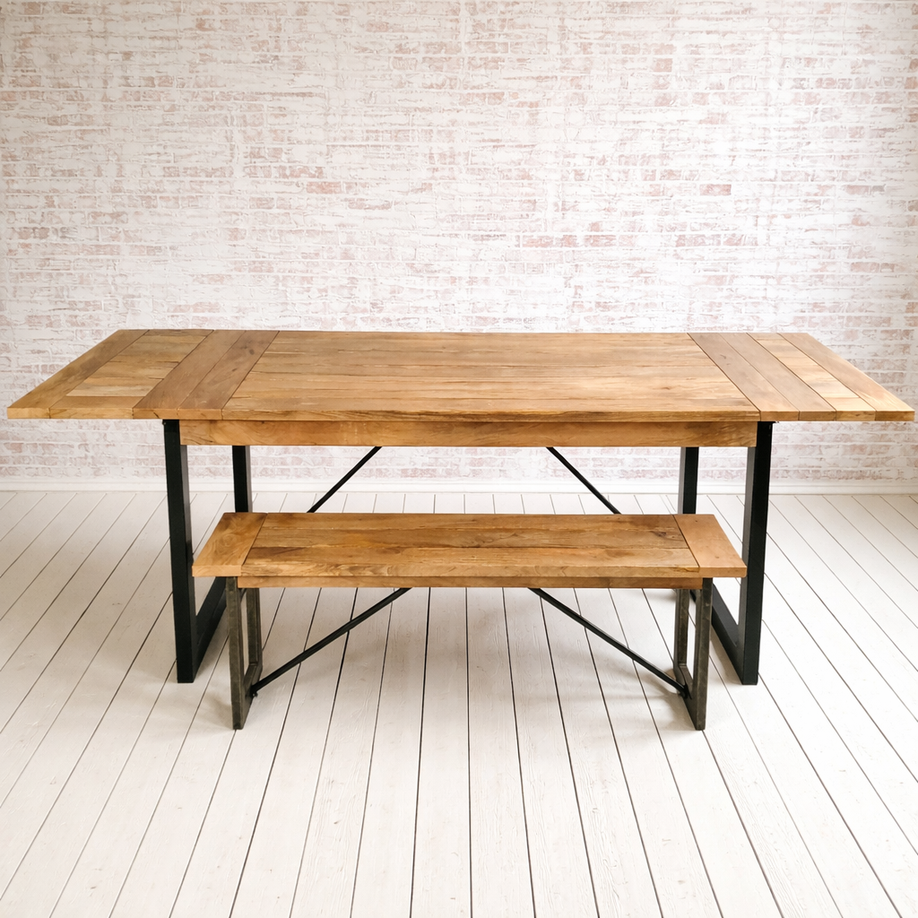 Extendable Rustic Hardwood Industrial Dining Table - Seats up to Twelve People