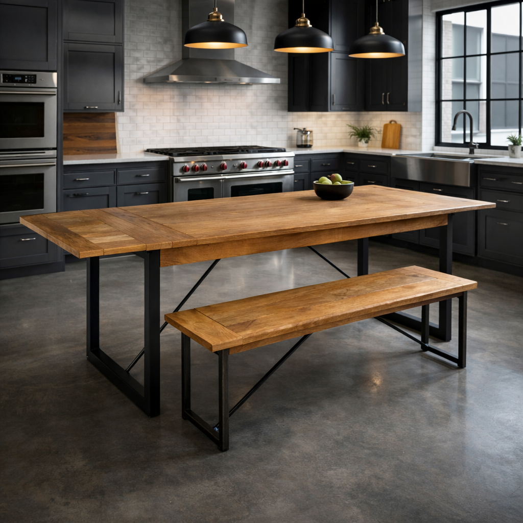 Extendable Rustic Hardwood Industrial Dining Table - Seats up to Twelve People